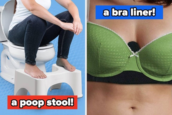 Left: Person using a toilet stool. Right: Woman wearing a bra liner