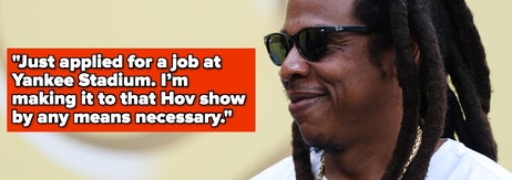 Person wearing sunglasses and a white shirt, with text saying they applied for a job at Yankee Stadium to attend a show