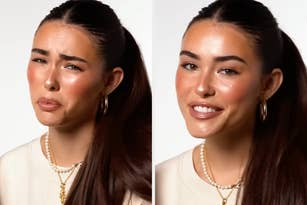 Two side-by-side images of a woman with long, dark hair and hoop earrings, showing contrasting facial expressions: one skeptical, one smiling