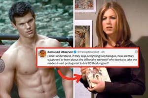 Meme: On the left, a shirtless man. On the right, a surprised woman with a book. A tweet humorously critiques film dialogue about a werewolf and BDSM