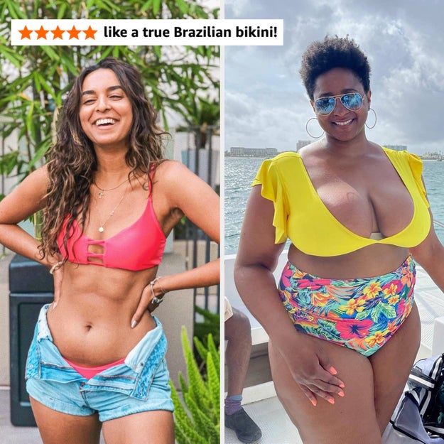 two reviewers wearing: a red cutout bikini top (with 5 star review that says "like a true brazilian bikini") / a yellow bikini top and floral bottoms