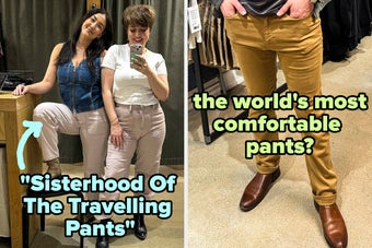 Storefront sign states, "The World's Most Comfortable Pants." Beside it, a person wears blue jeans with a tag reading, "DUER: Lightweight for Doing."