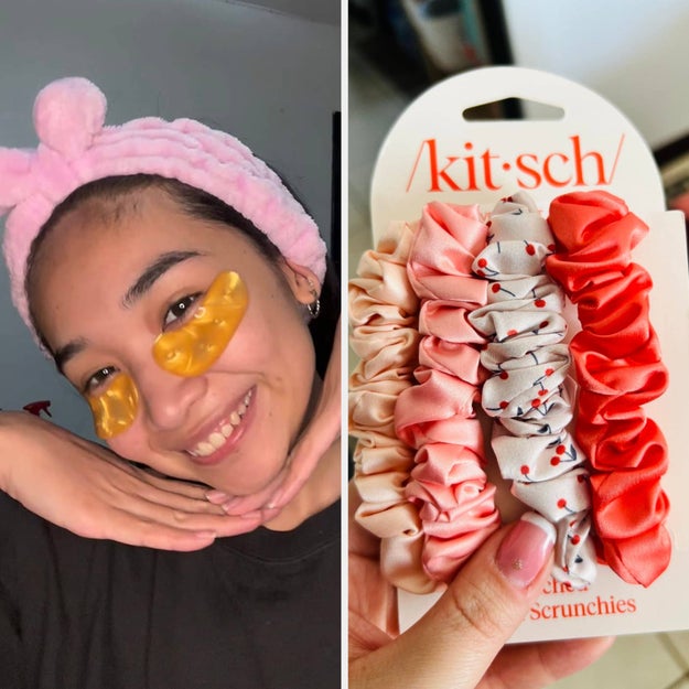 A smiling person wearing under-eye masks and a headband next to a hand holding a pack of colorful scrunchies