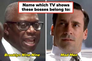 Split image: Left shows a man from "Brooklyn Nine-Nine" in glasses speaking. Right shows a man from "Mad Men" in a suit looking sideways