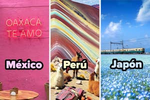 Letrero "Oaxaca te amo" en México, llamas con montaña de colores en Perú, y tren pasando por campo de flores en Japón