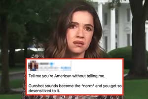 Woman speaking outdoors; image overlaid with text about gunshot sounds being normalized in America