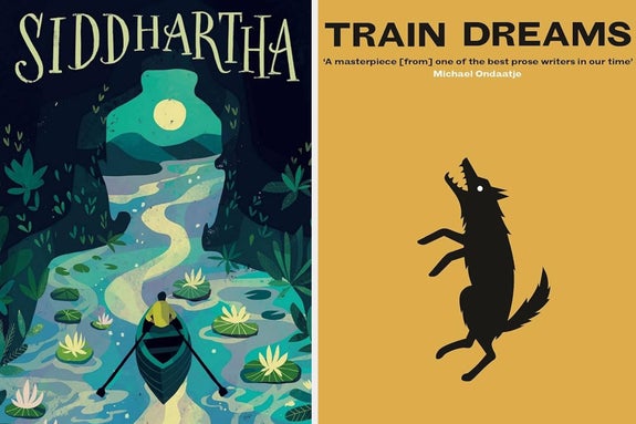 The image shows book covers: "Siddhartha" with a boat scene and moon, and "Train Dreams" featuring a silhouette of a howling wolf