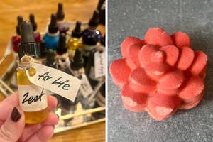 Small dropper bottle labeled "Zest" with an aromatic oil, and a flower-shaped soap displayed on a metallic surface