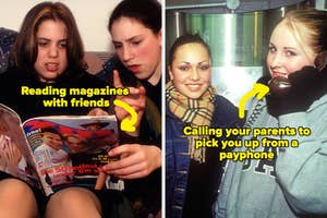 Teens in the '90s: reading magazines with friends and using a payphone to call parents for a ride
