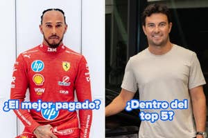 On the left, a person in a race suit with sponsor logos. On the right, a person in a casual t-shirt. Text questions salary rankings