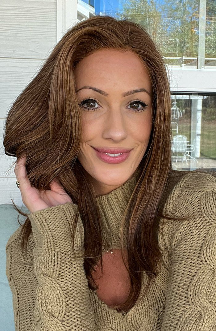 Jenna @jenna_fail wearing SIENNA LITE by JON RENAU in color FS6/30/27 TOFFEE TRUFFLE | Brown, Medium Red-Gold, Medium Red-Gold Blonde Blend with Medium Red Gold Blonde Bold Highlights