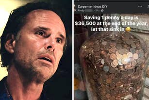 A man looks surprised; next to him is a jar filled with pennies. A post claims saving 1 penny daily equals $36,500 yearly, using a smiley face emoji