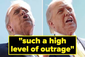 Two close-up photos of a man speaking, facing the camera. Overlay text reads: "such a high level of outrage."