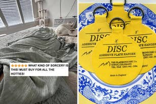 Left: Bed with cozy blankets and sleeping cat. Right: Yellow adhesive plate hangers on decorative plates
