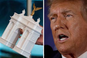 Individual holding a miniature arch model next to a public figure speaking into a microphone, captured in related news coverage