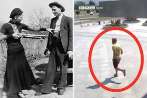 Left: Historical reenactors in classic 1930s attire with props. Right: CCTV footage showing a person in casual clothing within a red circle