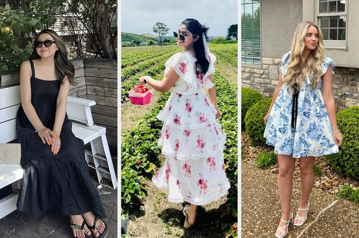 Three people are outdoors wearing summer dresses: one in black, one in floral print, and one in blue. All are stylishly dressed