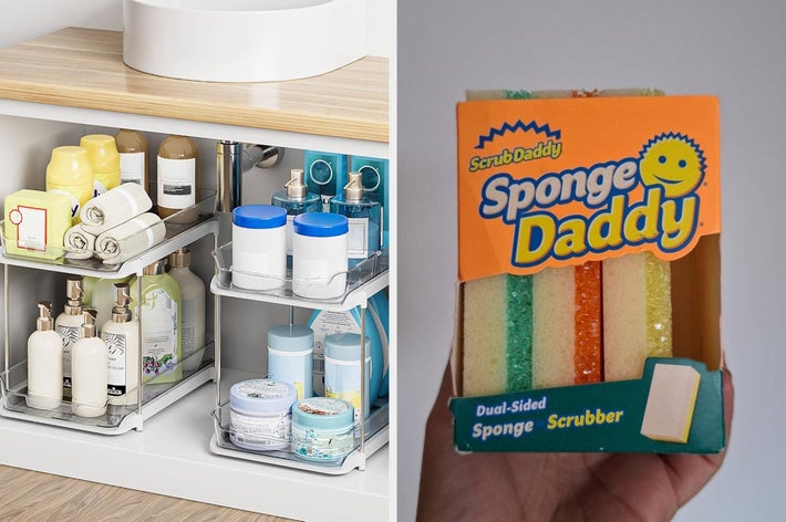 Bathroom cabinet organized with toiletries on the left; hand holding Sponge Daddy scrubber in its packaging on the right