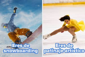 Left: Snowboarder performing a trick. Right: Figure skater in a lunge pose. Text: "Eres de snowboarding" and "Eres de patinaje artístico."
