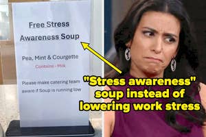 Sign offering "Free Stress Awareness Soup" with humorous commentary about irony, alongside a person's skeptical expression