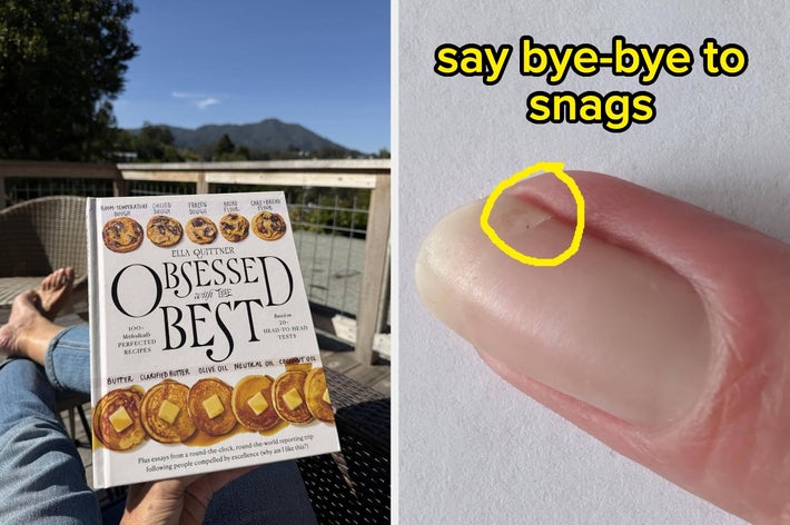 A person reads "Obsessed with the Best" book outside. Close-up shows smooth nail, highlighting anti-snag tip