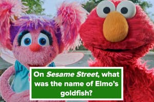 Abby Cadabby and Elmo from Sesame Street. Text asks, "On Sesame Street, what was the name of Elmo’s goldfish?"