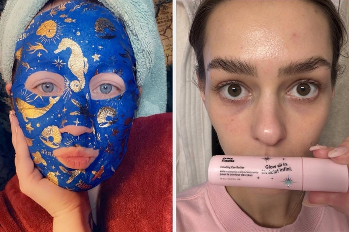 Left: Person with a decorative face mask, towel on head. Right: Person holds a skincare product, showcasing fresh, glowing skin