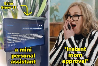 On the left, a smart home device with a Mother's Day shopping suggestion. On the right, a delighted woman in a striped outfit reacting positively