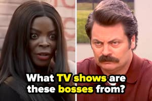 Two characters from TV shows making surprised and serious expressions with text asking about the shows they are from
