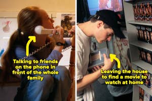 Two retro photos: left shows a person on a landline phone, right shows a person browsing VHS tapes. Both have humorous annotations about past experiences