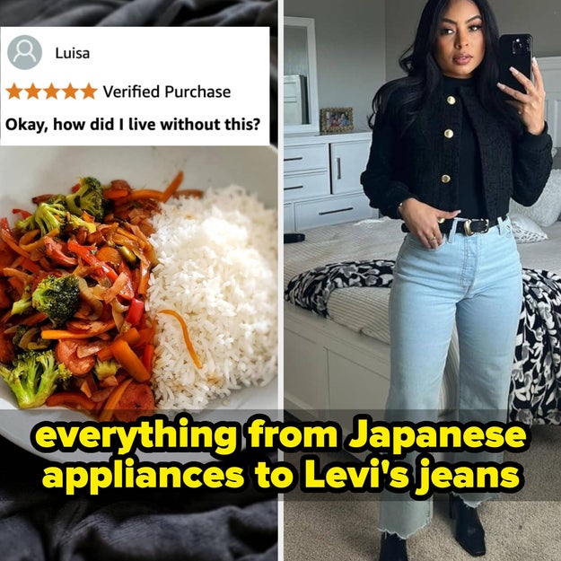 Dish with rice and vegetables, verified purchase text: "Okay, how did I live without this?", woman in stylish casual outfit with light jeans