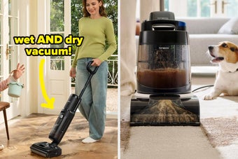 Two-panel image: Left shows vacuum cleaning spilled items on carpet; right displays a bottle of Leather Honey cleaner on a cloth