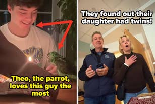 Left image: A young man smiling at a parrot on a table. Right image: A surprised couple reacting to news