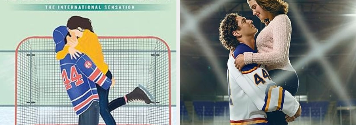 Couple embracing on an ice rink, wearing hockey jerseys on a book cover by Elle Kennedy titled "The Deal."
