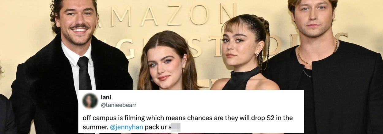 Three individuals in formal attire stand together at an event. A tweet overlays the image discussing the filming and possible release of a TV show's second season