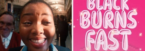 Person smiling widely indoors; movie poster for "Black Burns Fast" featuring a group of people in suits