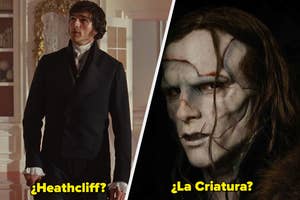 Two contrasting images: one shows a person on horseback, the other shows a creature with a stitched face. Text asks if they depict Heathcliff or La Criatura